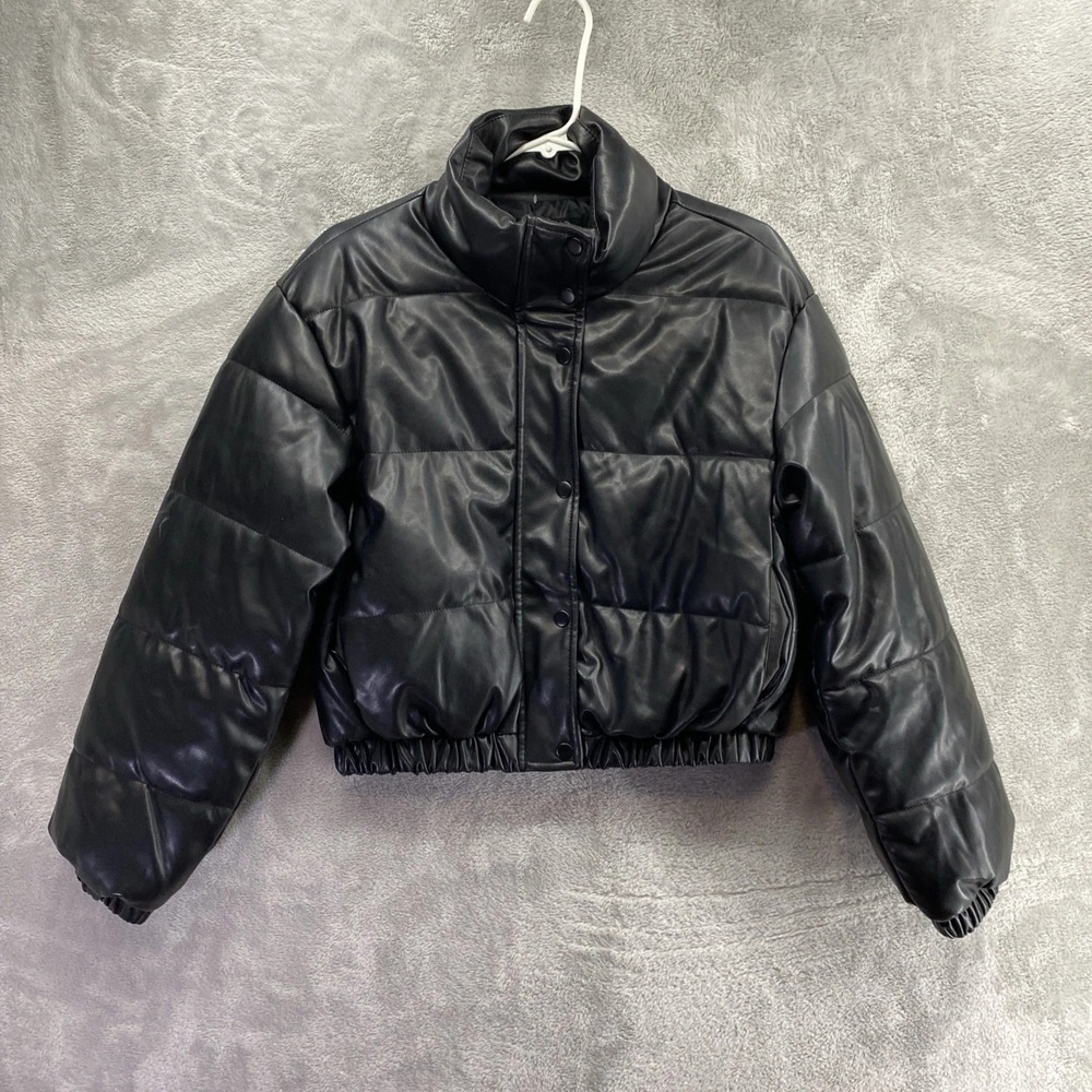 Hunter & Brown Black Faux Leather Puffer Jacket Women's S Full Zip